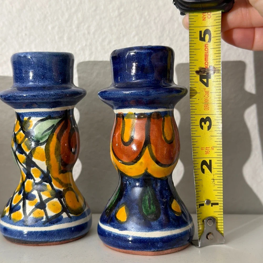 Vintage Mexican Pottery Candlestick Holders Pair Hand Painted Blue Folk Art